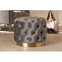 Baxton Studio TSFOT030-Slate Grey/Gold-Otto Valeria Glam Gray Velvet Fabric Upholstered Gold-Finished Button Tufted Ottoman